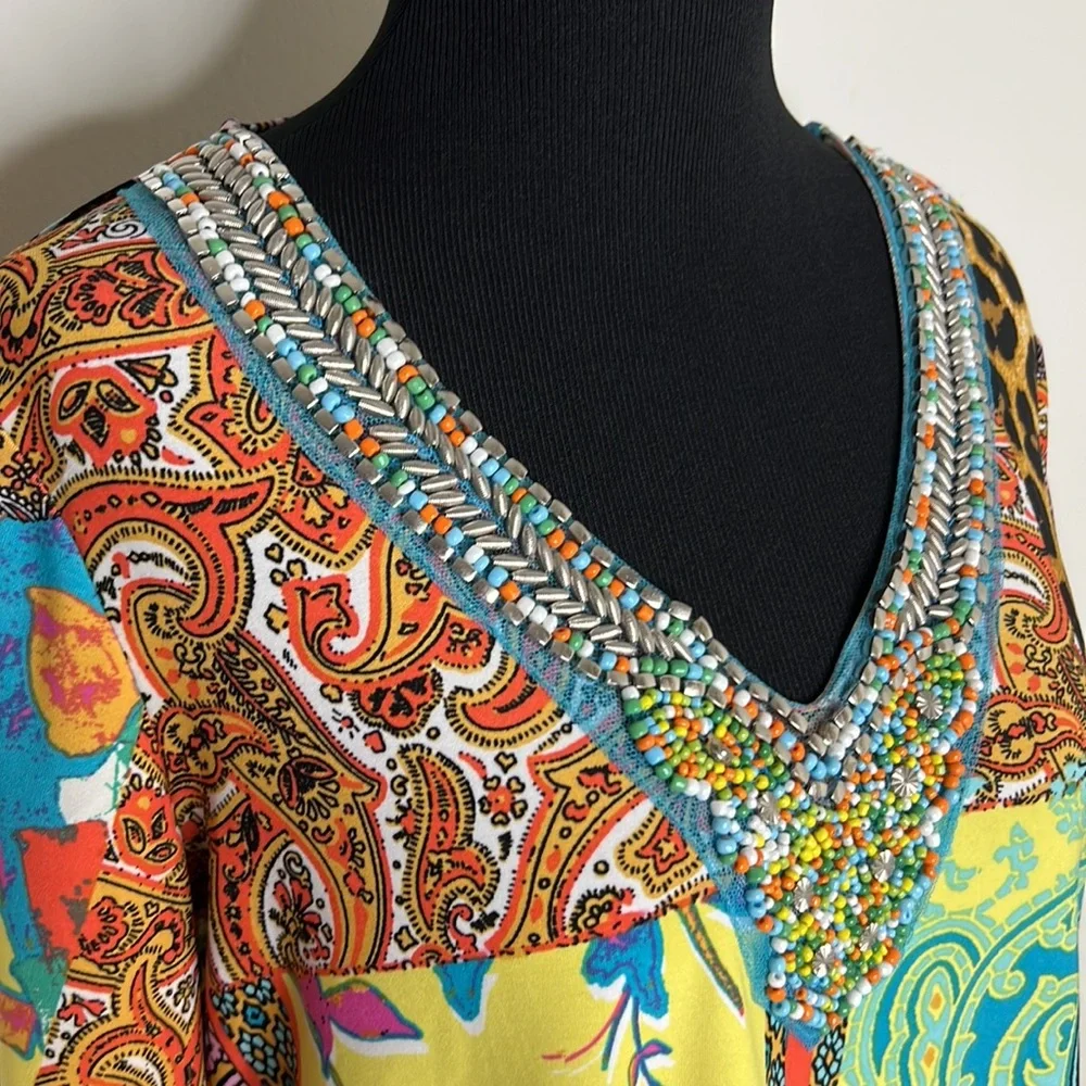MELISSA PAGE Embellished Print Bell Sleeve Top S - Picture 4 of 8